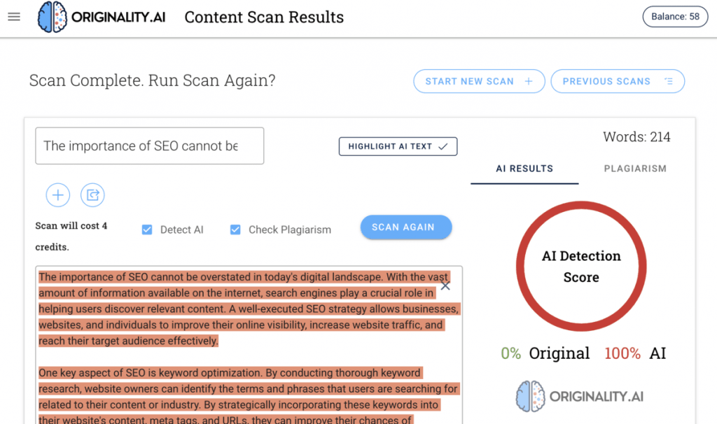 The image displays the outcome of AI detection tools used to analyze content generated by AI. The result indicates that the content is entirely produced by AI.